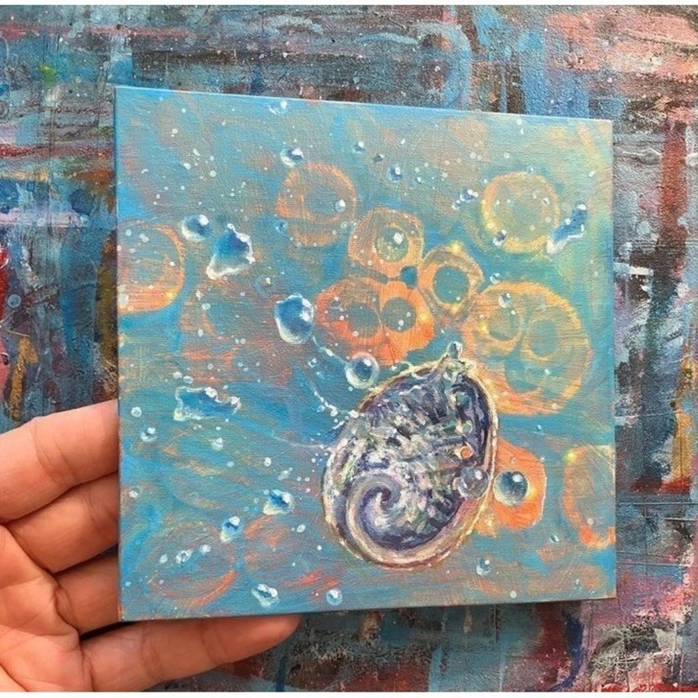 Original Abalone Painting Seashell art Underwater Bubbles Surrealism Wall Decor
